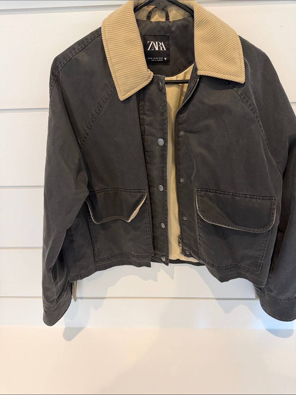 ZARA Black Bomber Jacket with Tan Corduroy Collar
